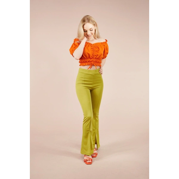 Kadın Yeşil Paçası Yırtmaçlı Ispanyol Tayt Pantolon