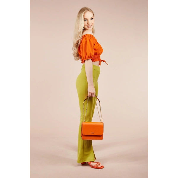 Kadın Yeşil Paçası Yırtmaçlı Ispanyol Tayt Pantolon