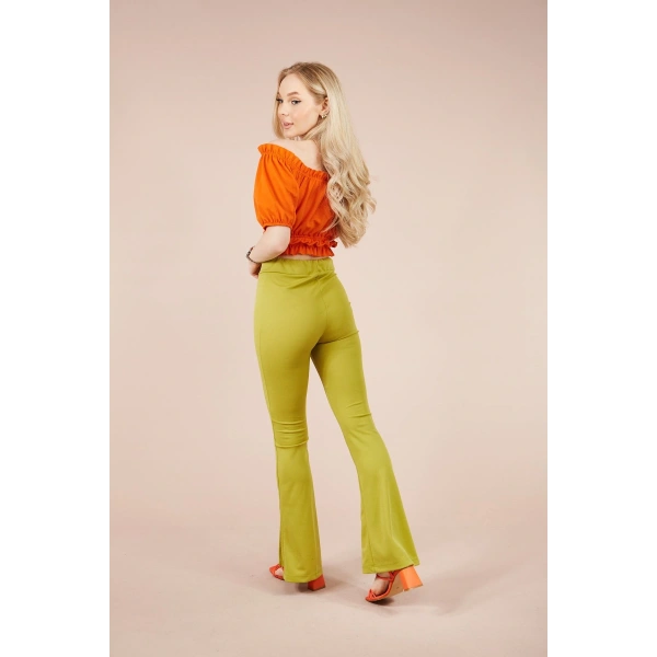 Kadın Yeşil Paçası Yırtmaçlı Ispanyol Tayt Pantolon