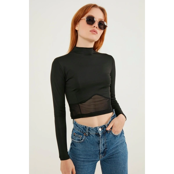 Tül Detay Crop Bluz