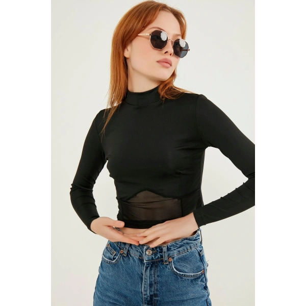 Tül Detay Crop Bluz