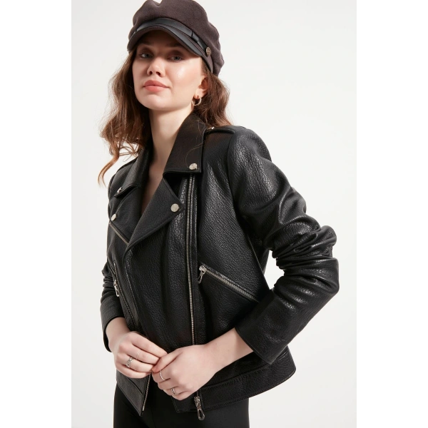 Kadın Siyah Hakiki Jumbo Deri Ceket