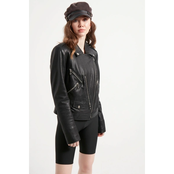 Kadın Siyah Hakiki Jumbo Deri Ceket