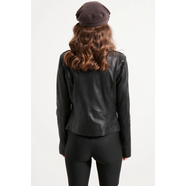 Kadın Siyah Hakiki Jumbo Deri Ceket