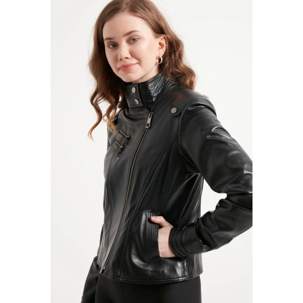 Kadın Siyah Biker Hakiki Deri Ceket