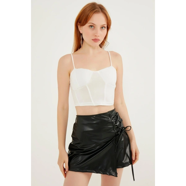 Kadın Siyah Deri Bağcıklı Etek