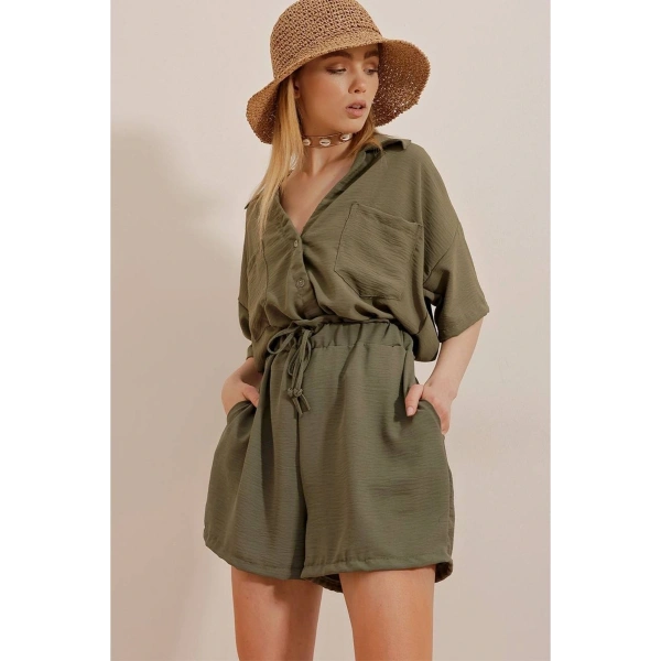 Kadın Haki Keten Viskon Şortlu Takım