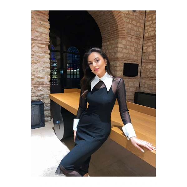 Gömlek Yakalı Siyah Tül Elbise