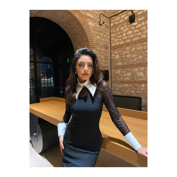 Gömlek Yakalı Siyah Tül Elbise