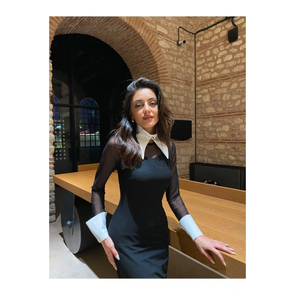 Gömlek Yakalı Siyah Tül Elbise