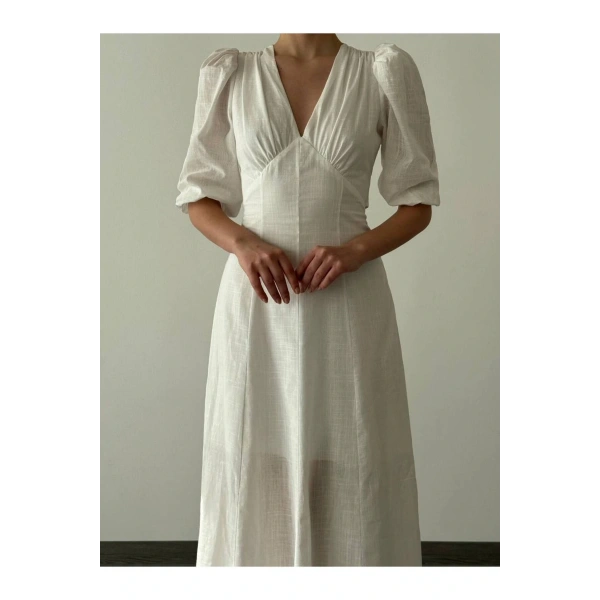 Kadın V Yaka Sırt Dekolteli Midiboy Keten Elbise