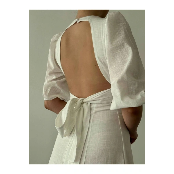 Kadın V Yaka Sırt Dekolteli Midiboy Keten Elbise