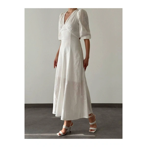 Kadın V Yaka Sırt Dekolteli Midiboy Keten Elbise
