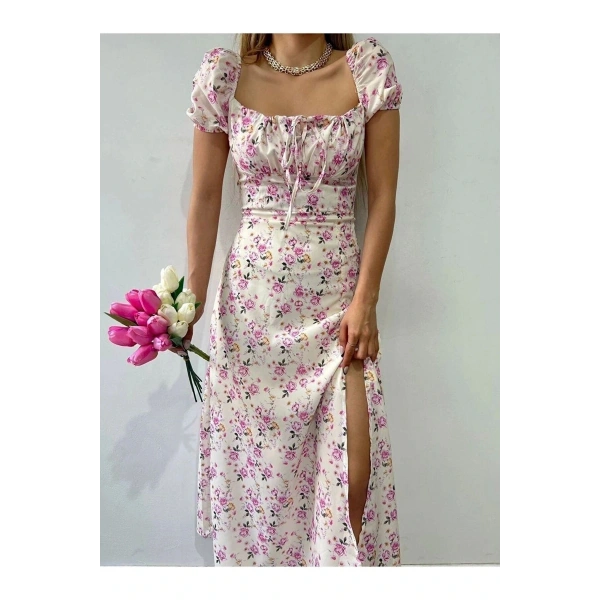 Kadın Çiçekli Yırtmaçlı Uzun Yazlık Elbise