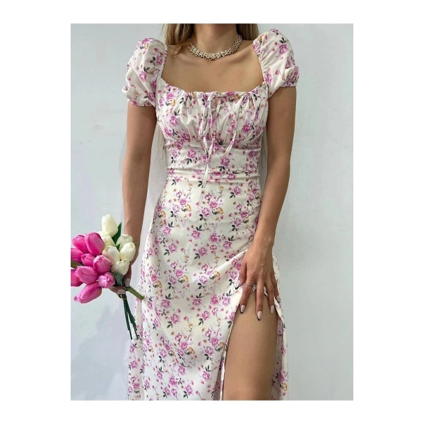 Kadın Çiçekli Yırtmaçlı Uzun Yazlık Elbise