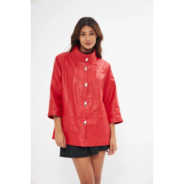 Kadın Hakiki Deri ceket Kırmızı Renk Yarasa Kol Önleri Çıt çıtlı