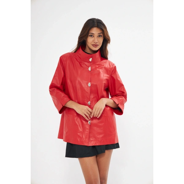 Kadın Hakiki Deri ceket Kırmızı Renk Yarasa Kol Önleri Çıt çıtlı
