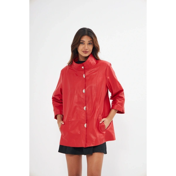 Kadın Hakiki Deri ceket Kırmızı Renk Yarasa Kol Önleri Çıt çıtlı