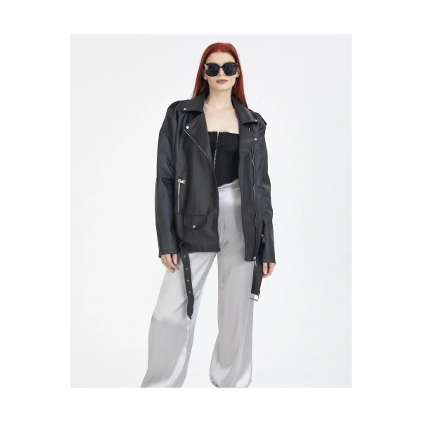 KADIN OVERSIZE TARZ UZUN DERİ CEKET