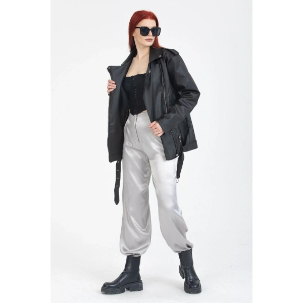 KADIN OVERSIZE TARZ UZUN DERİ CEKET