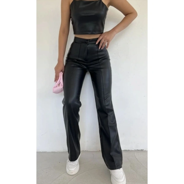 Kadın Siyah Ispanyolpaça Suni Deri Pantolon
