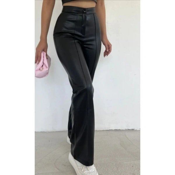 Kadın Siyah Ispanyolpaça Suni Deri Pantolon