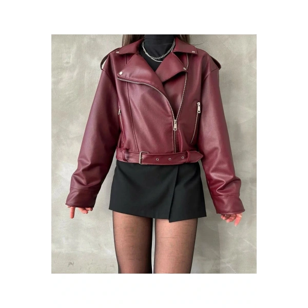 Kadın Oversize Bordo Deri Ceket
