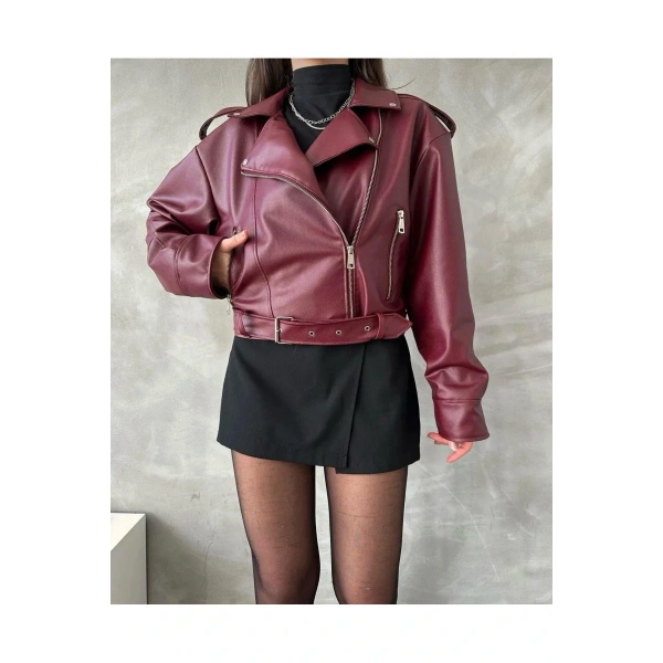 Kadın Oversize Bordo Deri Ceket