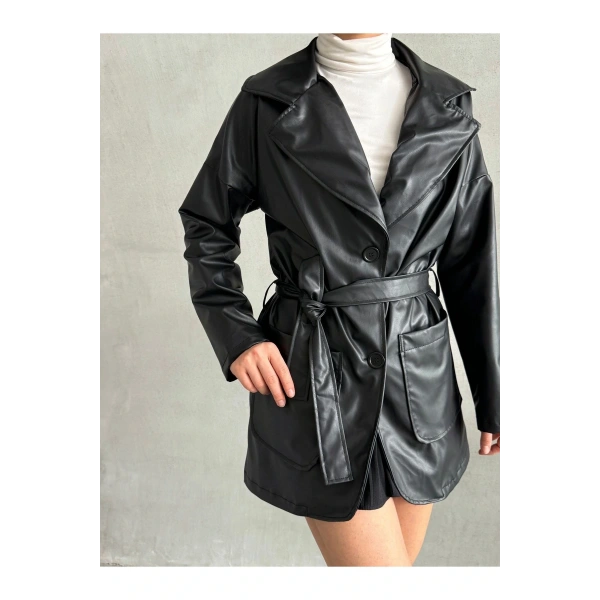 Kadın Siyan Çift Cepli Kuşaklı Deri Ceket Pardesü