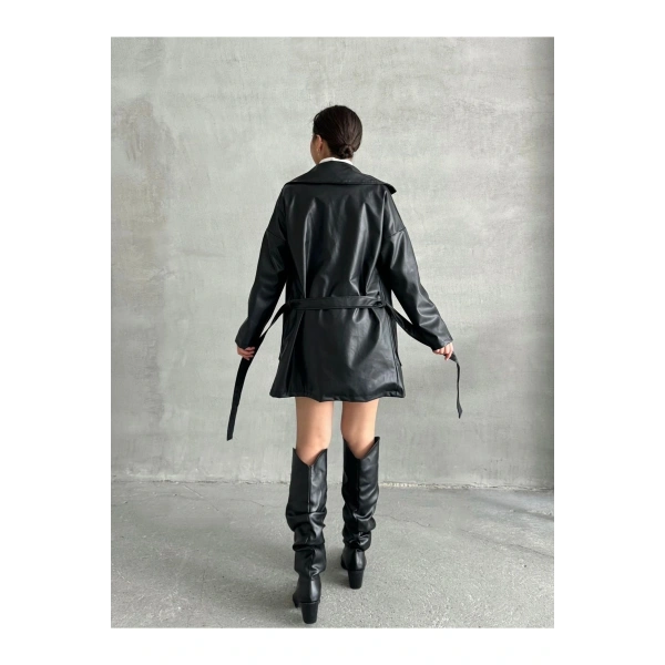 Kadın Siyan Çift Cepli Kuşaklı Deri Ceket Pardesü