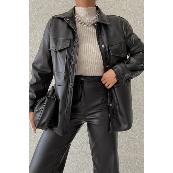 Double Cepli Çıtçıtlı Deri Gömlek Ceket Siyah