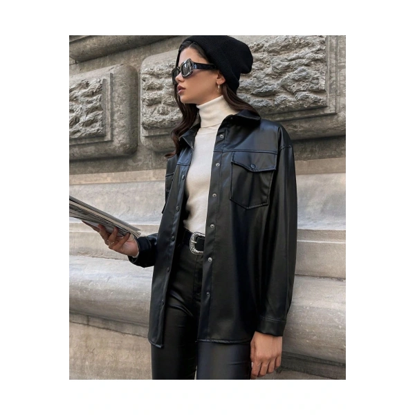 Kadın Deri Gömlek Çıtçıtlı