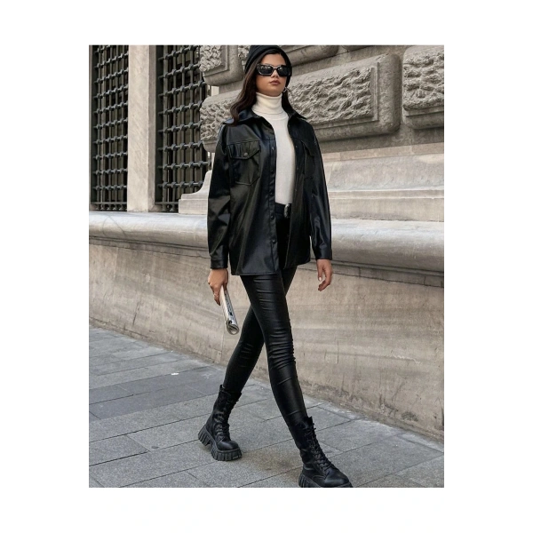 Kadın Deri Gömlek Çıtçıtlı