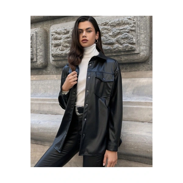 Kadın Deri Gömlek Çıtçıtlı