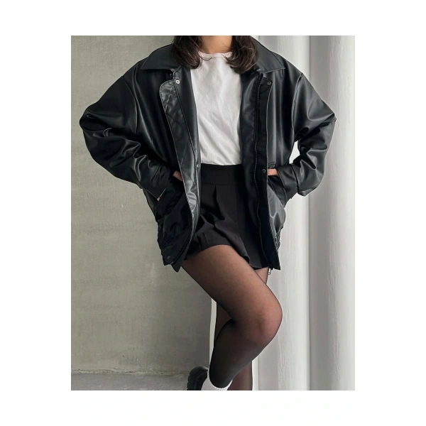 Unisex Oversize Vintage Siyah Deri Ceket