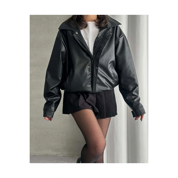 Unisex Oversize Vintage Siyah Deri Ceket