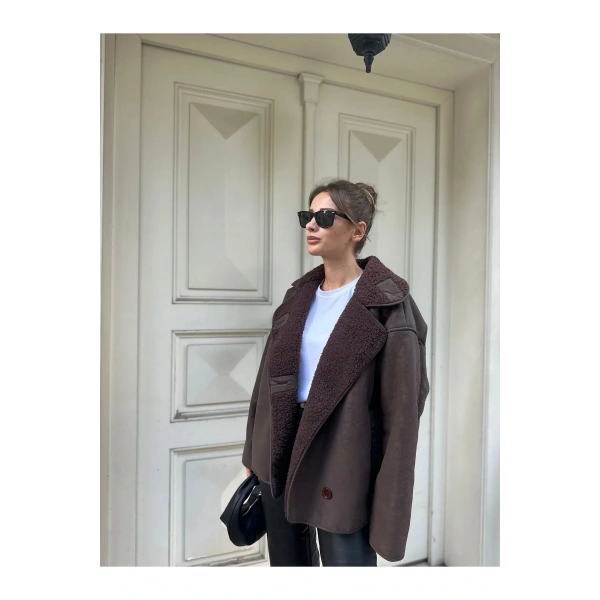 Else Acı Kahve Dokulu Süet Içi Peluşlu Oversize Zr Model Mont