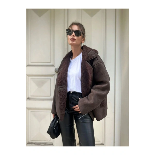 Else Acı Kahve Dokulu Süet Içi Peluşlu Oversize Zr Model Mont