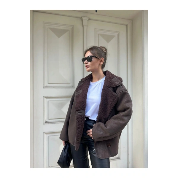 Else Acı Kahve Dokulu Süet Içi Peluşlu Oversize Zr Model Mont
