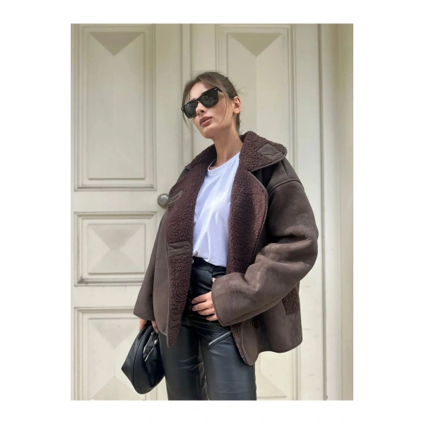 Else Acı Kahve Dokulu Süet Içi Peluşlu Oversize Zr Model Mont