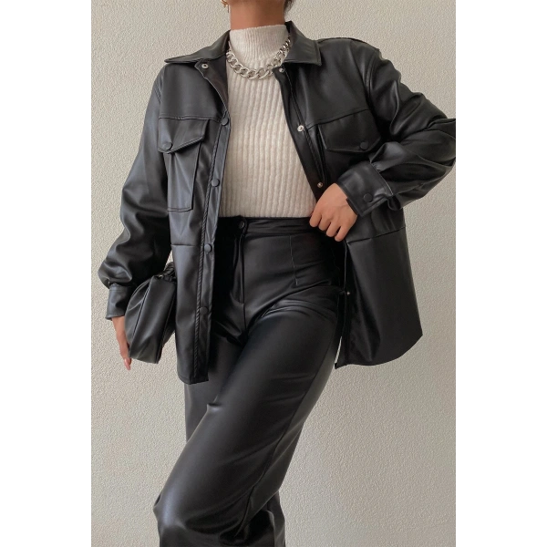 Double Cepli Çıtçıtlı Deri Ceket Siyah LQ