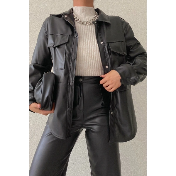 Double Cepli Çıtçıtlı Deri Ceket Siyah LQ