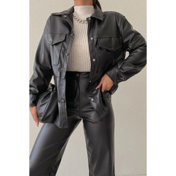 Double Cepli Çıtçıtlı Deri Ceket Siyah LQ
