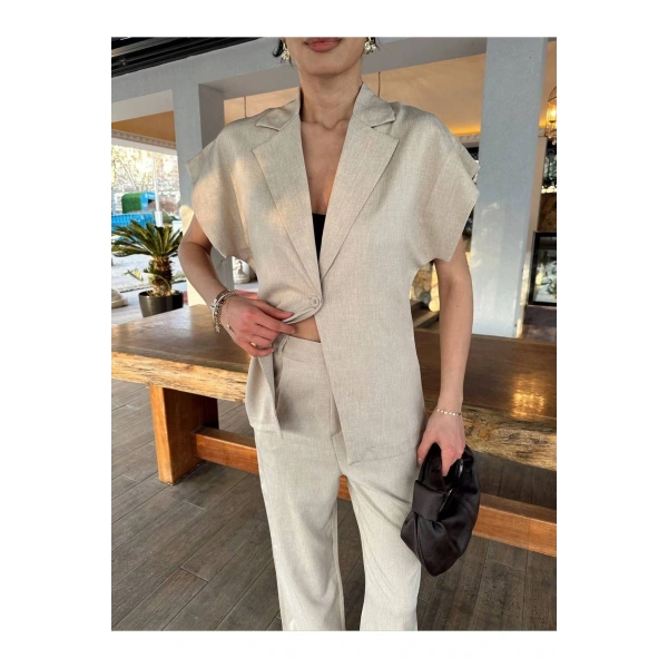 Kadın Krem Keten İkili Takım