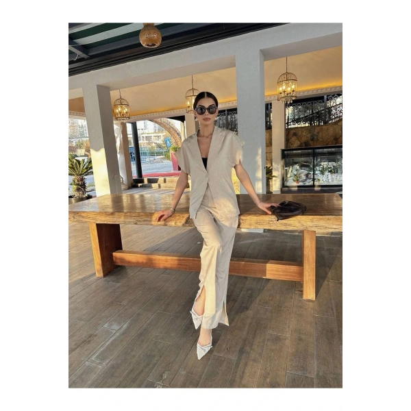 Kadın Krem Keten İkili Takım