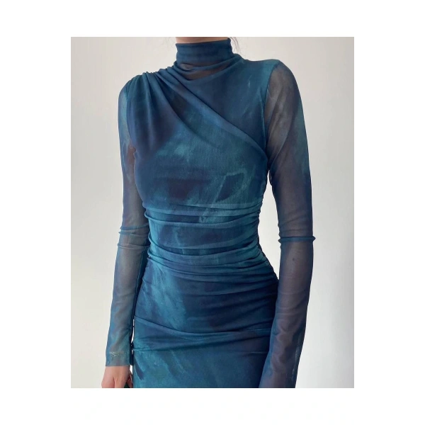 Balıkçı Yaka Mavi Yeşil Desenli Uzun Kollu Astarlı Maxi Premium Tül Elbise