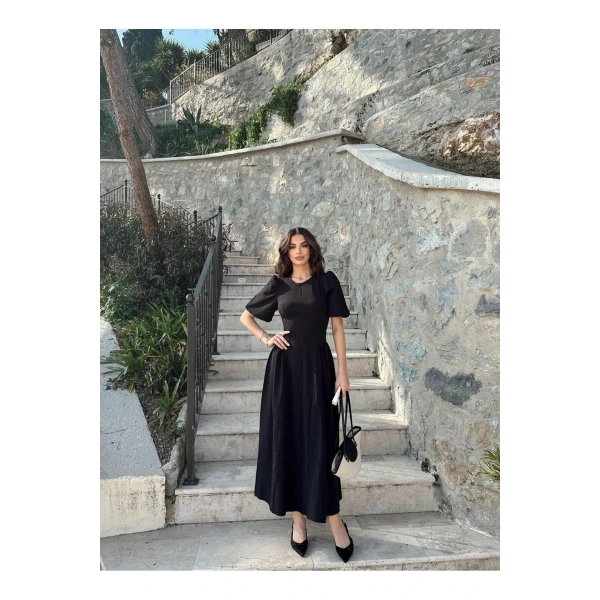 Kadın Siyan Balon Kollu Atlas Elbise