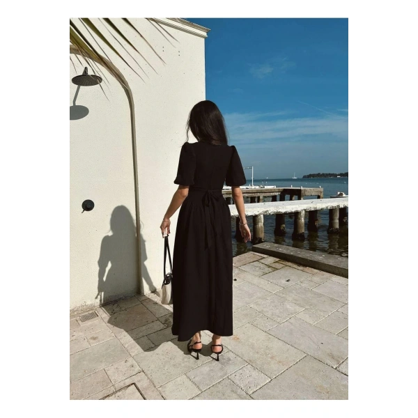 Kadın Siyan Balon Kollu Atlas Elbise