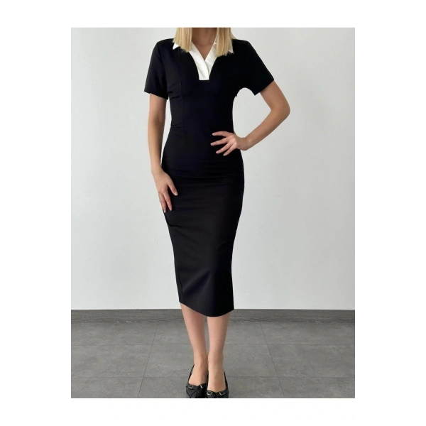 Kadın V Yaka Siyah Kalem Elbise