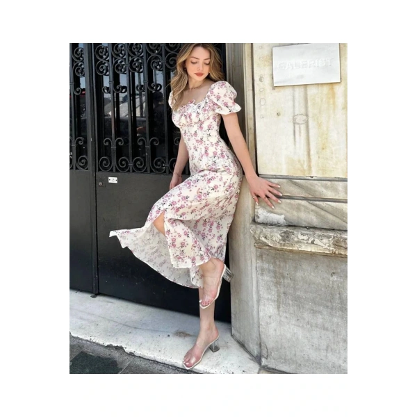 Yan Yırtmaçlı Çiçek Elbise